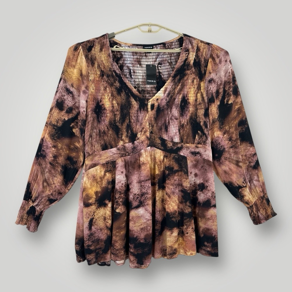 NEW $65 Torrid V Neck Babydoll Top Crinkle Gauze Tie Dye Purple WOMANS 2 2X NWT